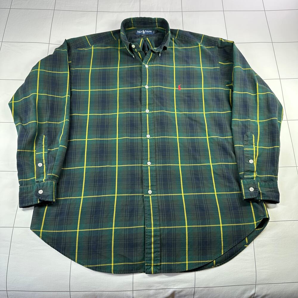 Ralph Lauren Shirt Mens Large Green Blake Button Down Plaid Preppy Long Sleeve